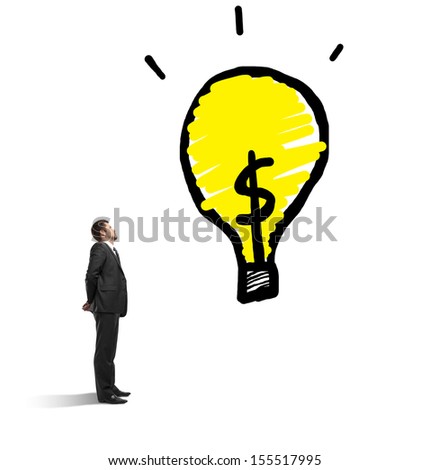 businessman looking at drawing lamp on a white background