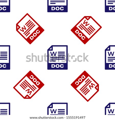 Blue and red DOC file document. Download doc button icon isolated seamless pattern on white background. DOC file extension symbol.  Vector Illustration