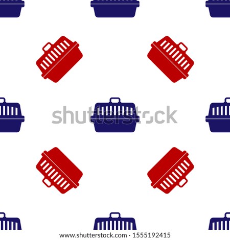 Blue and red Pet carry case icon isolated seamless pattern on white background. Carrier for animals, dog and cat. Container for animals. Animal transport box.  Vector Illustration