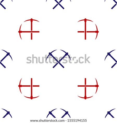 Blue and red Crossed pickaxe icon isolated seamless pattern on white background. Blockchain technology, cryptocurrency mining, bitcoin, altcoins, digital money market.  Vector Illustration