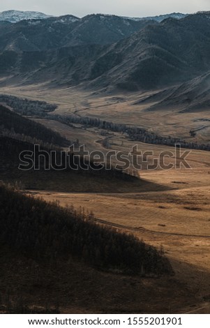 Mountains valley aerial autumn landscape, Chike-Taman mountain road pass, Altai