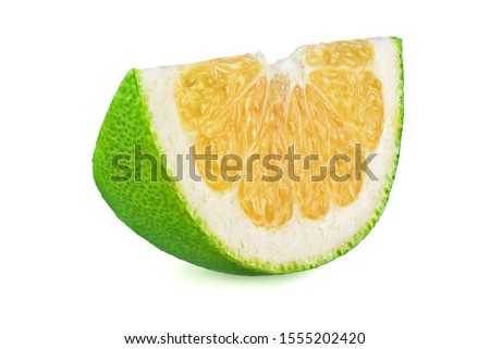 Slice of green sweetie citrus fruit isolated on white background. Full depth of field.