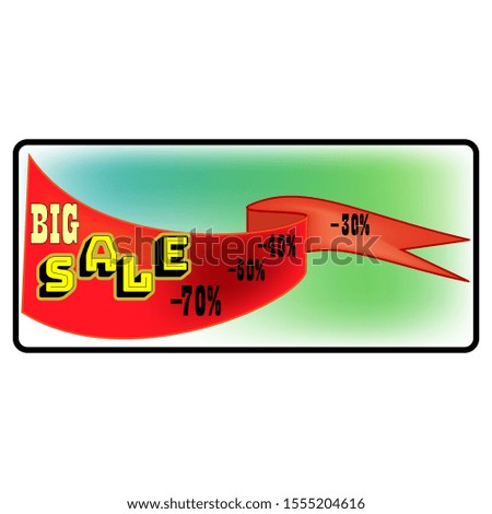 Big SALE banner. Large banner for advertising. Colorful red ribbonon white rectangle. Offer discount on sale on market. Selling offer. Big banner for advertising. Design element. Vector illustration.