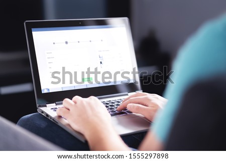Personal information to shop online. Filling electronic form on internet with laptop. Digital customer info on website. Man buying a service or ordering a product. Web data protection in e commerce. Royalty-Free Stock Photo #1555297898