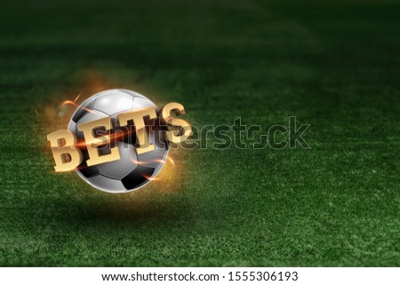 Golden Lettering Bets with soccer ball and green lawn background. Bets, sports betting, watch sports and bet