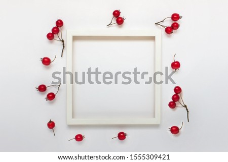 White picture photo frame mockup with copy blank empty space and red winter autumn berries on white backgound. 