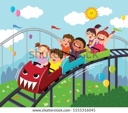Vector illustration cartoon of kids having fun on roller coaster in an amusement park.