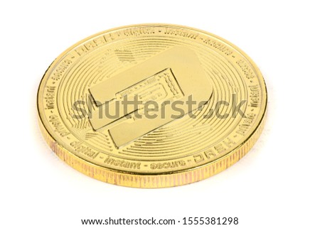 Back side of the crypto currency golden dash isolated on white background. High resolution photo. Full depth of field.