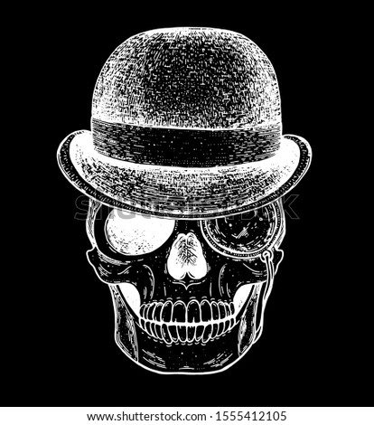 Skull hand drawn illustration. Tattoo vintage print. Gangster skull with pince sketch. Vector print. Hat on the skull.