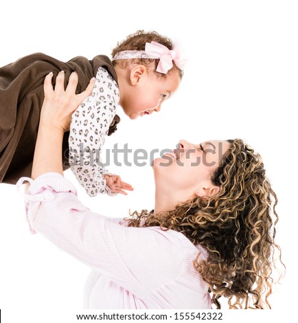 Beautiful portrait of a happy mother with her baby - isolated over white 