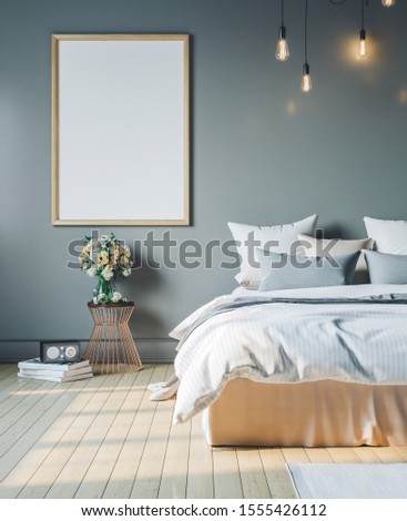 Frame mockup in interior. Cozy bedroom with empty poster frame.