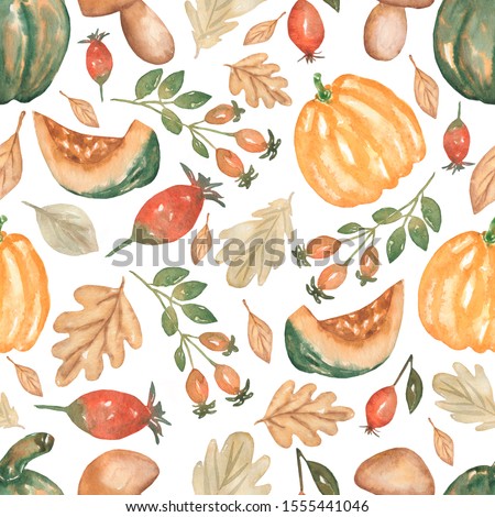 Watercolor vegetable seamless pattern. Autumn harvest healthy food. diet products.Hand drawn watercolor graphic illustration.pumpkin,mushrooms,leaves and dog rose.