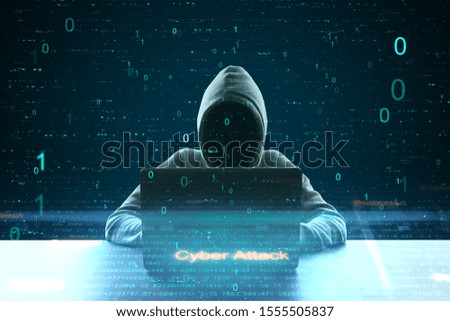 Hacker using laptop with abstract interface. Safety and criminal concept.
