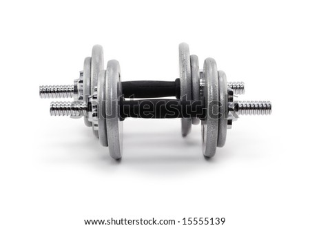 A set of dumbbells, ready for a work out. Isolated on a solid white background with zero color bleed at edges.
