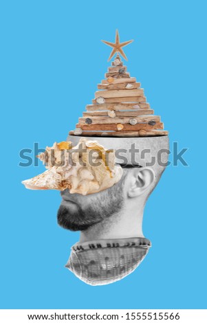 Collage of modern art. A man's head peeking out of a seashell, with a seashell on his eyes and a Christmas tree on his head. Blue background
