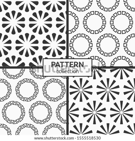Set of four seamless patterns of repeating round ornaments isolated on white background. Backgrounds with circles, swirling shapes. Stylish textures. Vector monochrome illustrations.