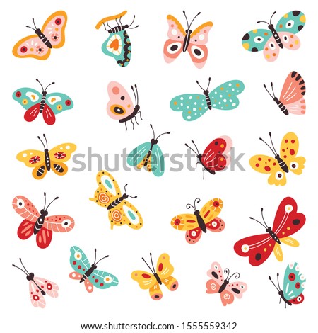Butterflies, set of hand drawn collection on isolated white background. Vector illustrations. Creative Fluttering, beautiful butterflies.