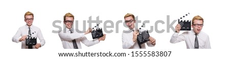 Funny man with movie board on white