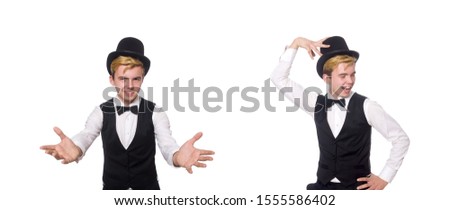 Young man in black classic vest and hat isolated on white