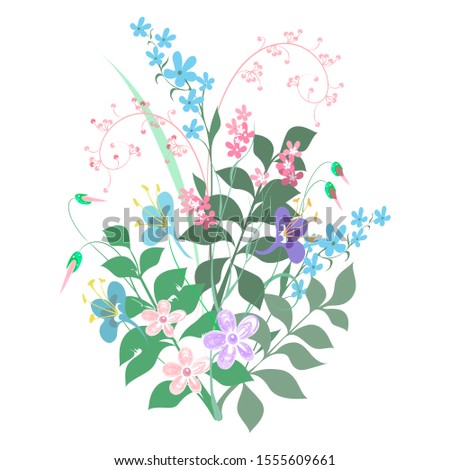 Vector spring branch pattern, a bouquet of decorative wildflowers in pastel colors on a white background for the design of a scarf, fabric, wallpaper, invitation card.