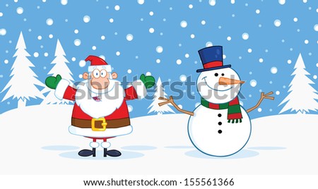 Santa Claus And Snowman With Open Arms For Hugging. Raster Illustration