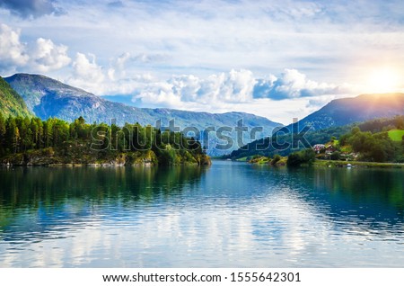 Panoramic  view of Sognefjord, one of the most beautiful fjords in Norway Royalty-Free Stock Photo #1555642301