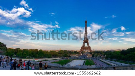 panoramic wide angle view of Paris over the Trocadéro Gardens showing tour Eiffel in the far background