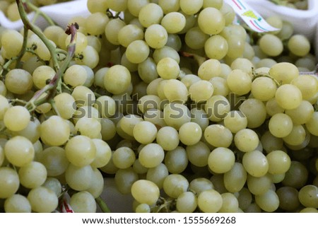 bunches of grapes on display at the market