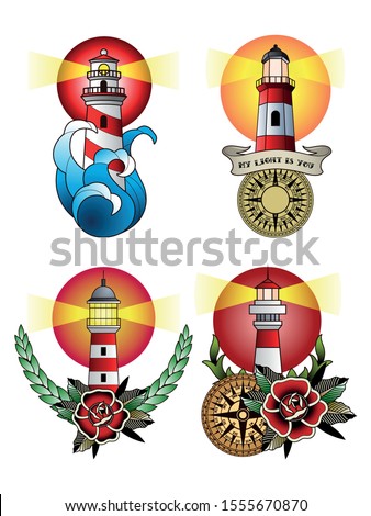 Lighthouses Traditional Tattoo Designs, Beacons, Roses, Waves, Compasses