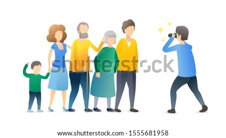 Family posing for group photo flat vector illustration. Little child with parents and grandparents cartoon characters. Relatives standing together, photographer taking picture. Memory, bonding concept