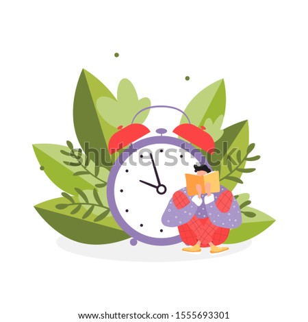 Isolated man reading a book. Flat illustration with boy, open book sitting in big leaves and big clock. Poster for education, library, culture festival day. Reader smart young character.  