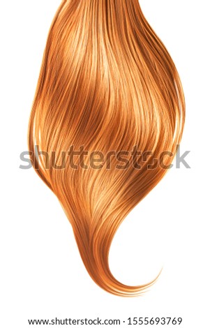 Red shiny hair on white background, isolated. Long ponytail
