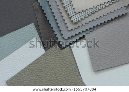 Various Leather and Fabric samples, close up view from above.
