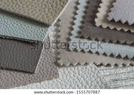 Various Leather and Fabric samples, close up view from above.