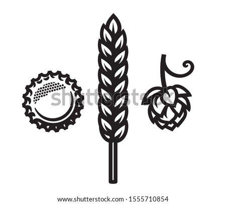Beer bottle cap, barley or wheat ear and hop cone icons. Design element for beer production, brewery, pub and bar. Vector illustration isolated on white background.