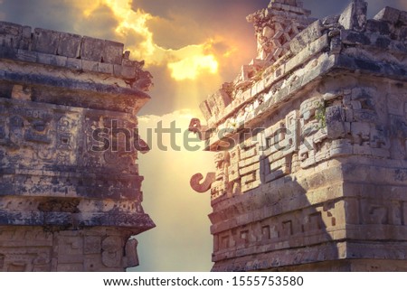 Mexico, Chichen Itzá, Yucatán. Ruins of the living yard at sunset, possibly belonged to the royal family