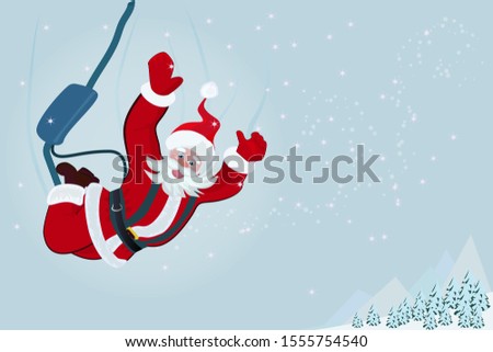 Santa Claus is doing ropejumping on the background of a winter mountain landscape. The concept of Christmas renewal and healthy lifestyle. vector illustration in cartoon style
