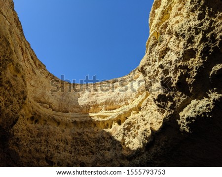 Portugal Coastal Erosion Sea Cave Blue Sky Sedimentary Rock