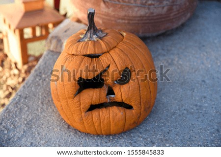 Carved Halloween pumpkin that's old and wrinkly