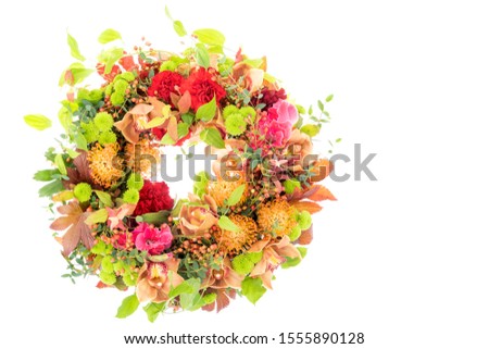 Flower arrangement : pincushions, cymbidium, ping-pong mum, carnation, gladiolus, stemona japonica, eucalyptus, hypericum, wild rose