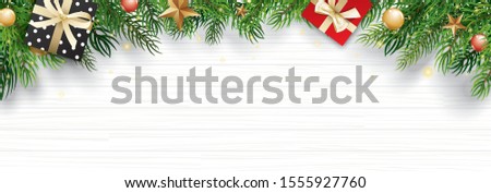 Christmas frame with copy space for text on white wooden background. Vector illustration decoration with fir branches and gift. Use for greeting card, banner, web cover.