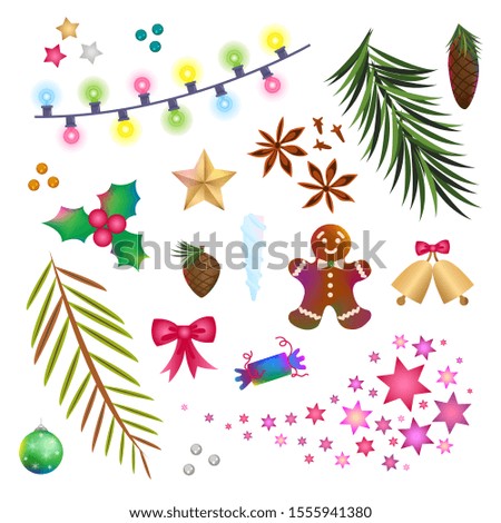 Christmas icons, objects, symbols collection. Christmas detailed vector set of fir tree, firework, tree toy, New Year festive bell. Decor elements for graphic design of New Year celebration.