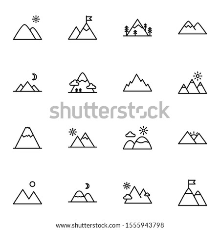modern mountain icon set. creative hill, adventure, hiking outline icons sign, vector illustration.