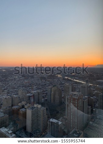 Sunset over Philadelphia skyline from city hall looking towards South/West Philly and the Schuykill River