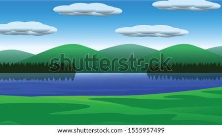 Vector illustration of a natural landscape, a beautiful lake, with forests, mountains in the distance, bright skies with white clouds.