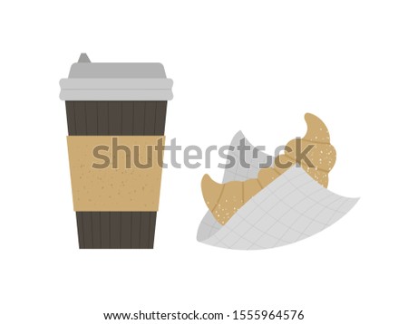 Vector flat illustration of croissant with take-away coffee cup. French pastry and hot drink icon. Flat textured fast breakfast isolated on white background