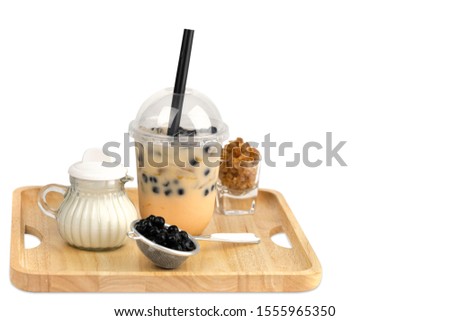 Taiwan milk tea with bubbles, Bubble milk tea, popular Asian drink with ingredient isolated on white background.