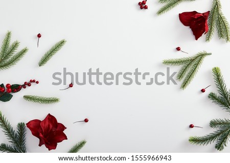 Christmas minimal concept - christmas flower with evergreen tree branch and berries. Xmas holiday. Flat lay. Christmas holly border. Retro background. Top view. Vintage merry christmas border.
