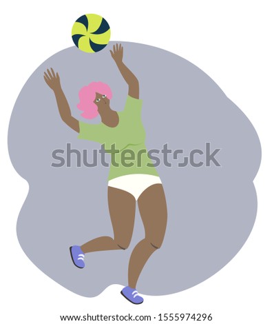 Girl jumps and beats the ball with her hands. Volleyball game. Sports design on a light background. EPS10 vector illustration