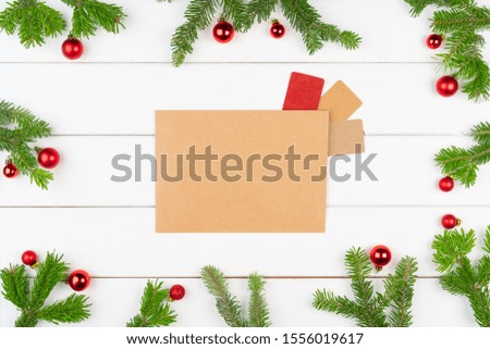 Christmas greeting card background with copy space on white wooden background